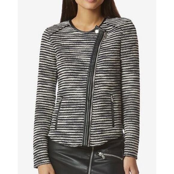 Avec Les Filles Stripe Knit Moto Jacket Small Navy Blue White Asymmetrical Zip - Picture 1 of 10